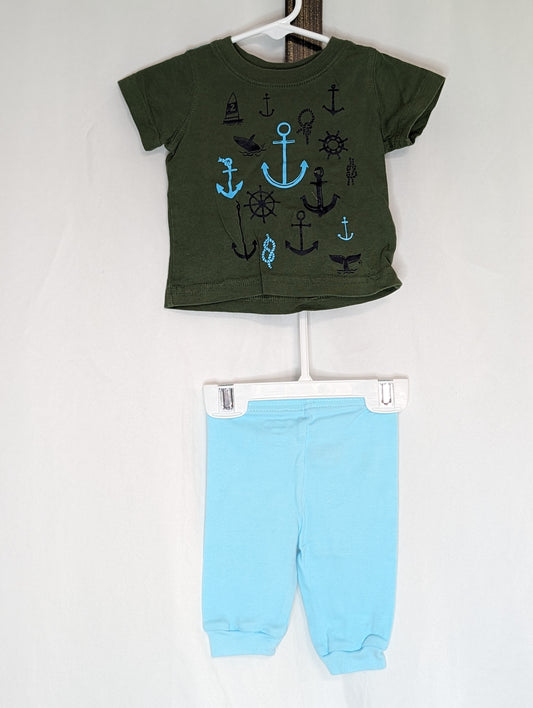 VGUC 2pc, s/s army green tee w/ anchor print, lt - size Month - 0-3 / 3M