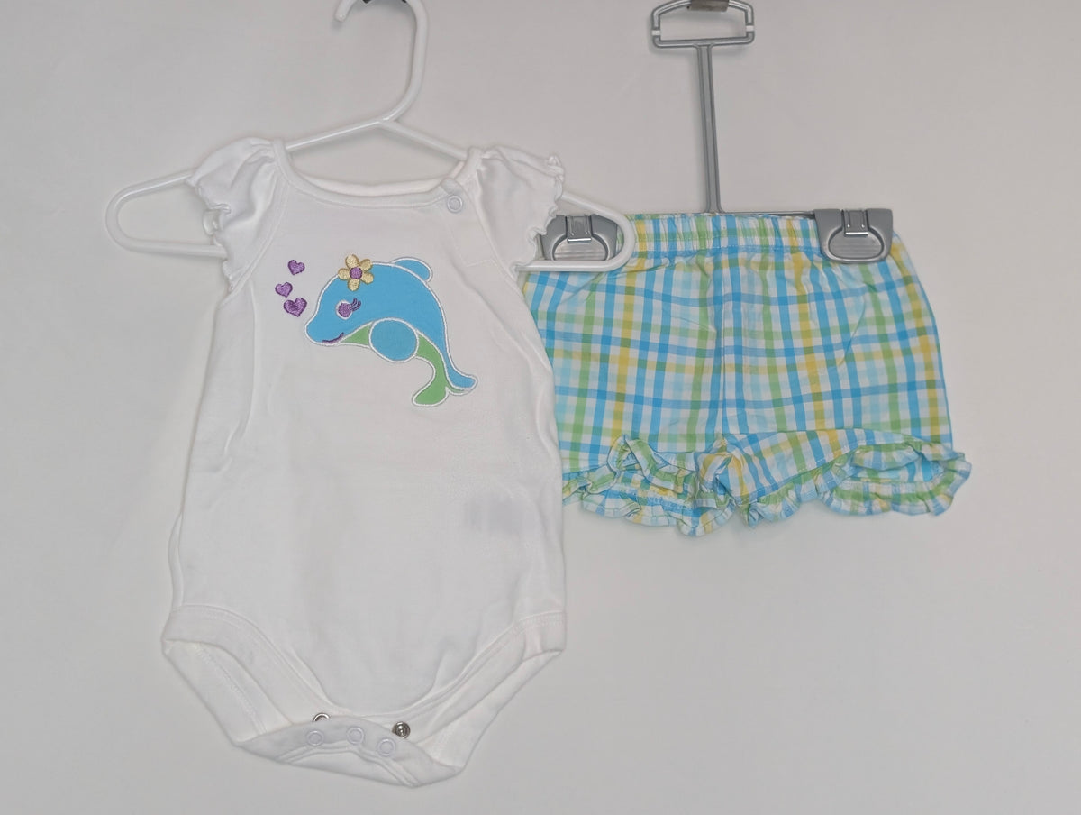 EUC 2pc, white s/s onesy w/ dolphin applique, - size Month - 0-3 / 3M