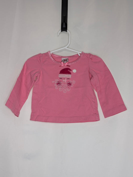 EUC l/s tee, bright pink w/ santa face embroidery - size Month - 9-12 / 12M