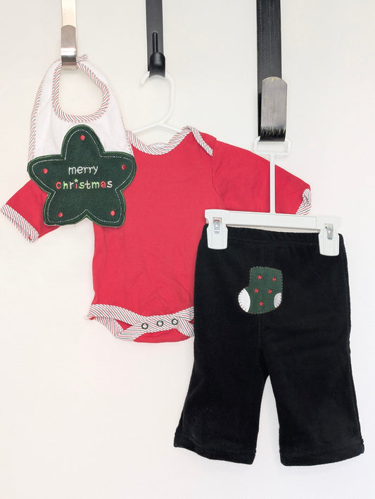 VGUC 3pc Christmas set black fleece pant w/butt - size Month - 3-6 / 6M