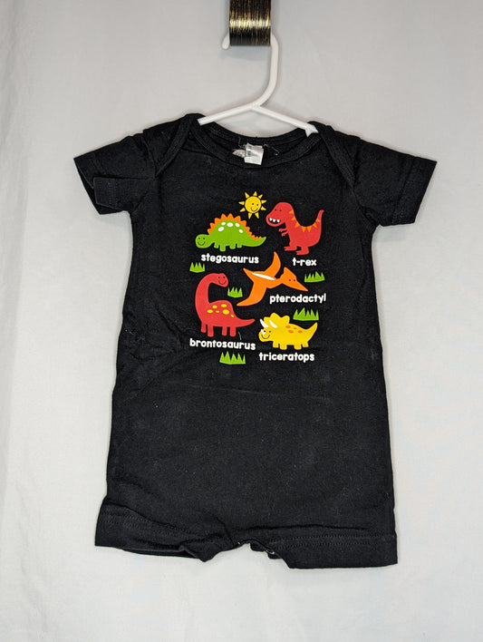 EUC Shorts snap-bottom romper, black w/ dinos - size Month - 3-6 / 6M