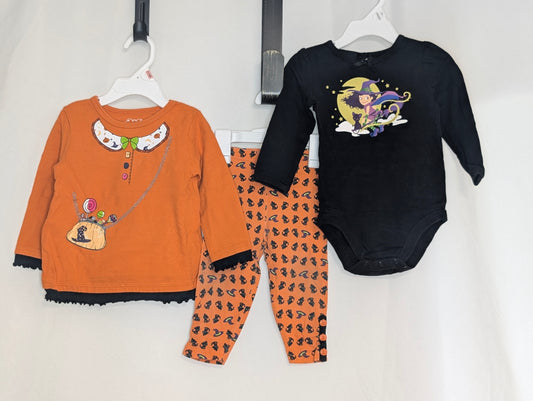 GUC 3pc Halloween set, l/s blk witch onesie, ls - size Month - 12-18 / 18M