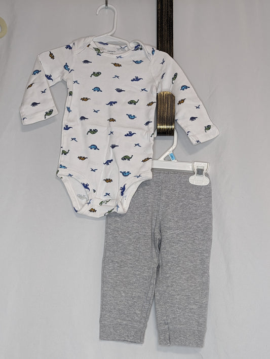 EUC Carter 2pc, l/s dino print on white onesie, - size Month - 9-12 / 12M