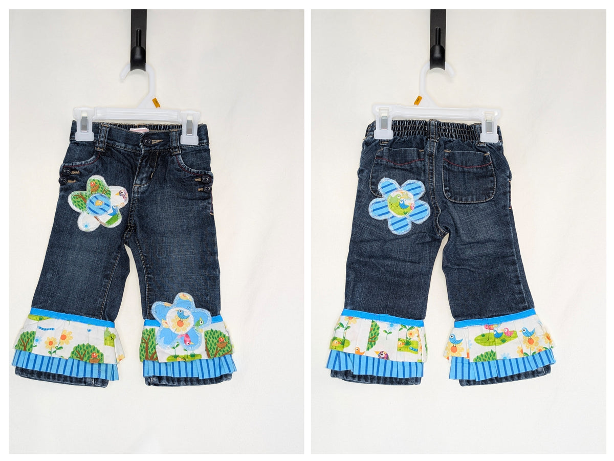 EUC ON Jeans embellished w/ blue & white bird - size Month - 12-18 / 18M