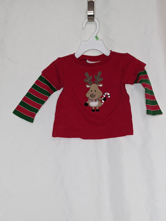 GUC Reindeer l/s tee red w/striped sleeves - size Month - 6-9 / 9M