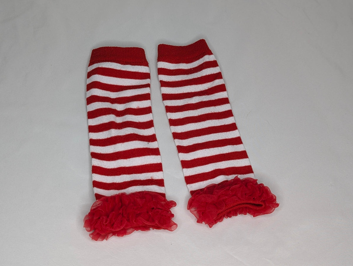 EUC leg warmers, red & white w/red ruffles, one
