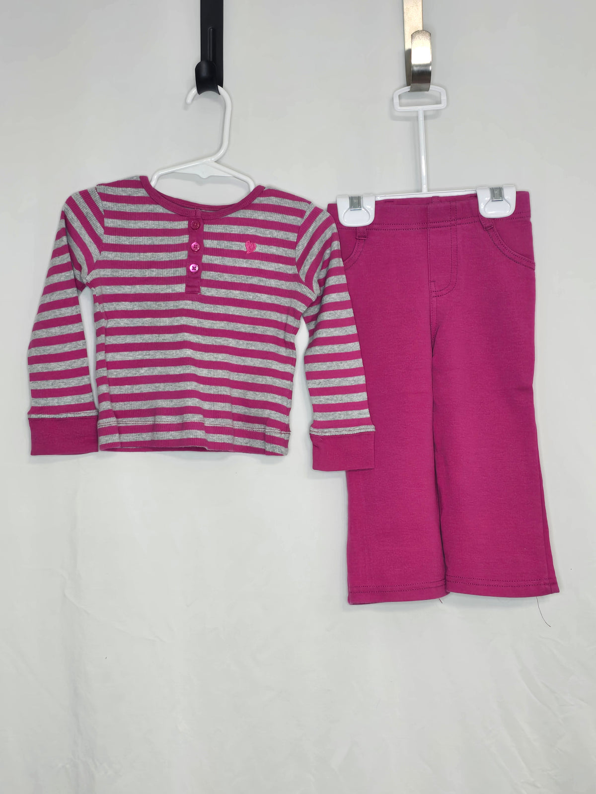 EUC 2pc set, l/s ribbed knit pink/grey striped - size Month - 18-24 / 24M