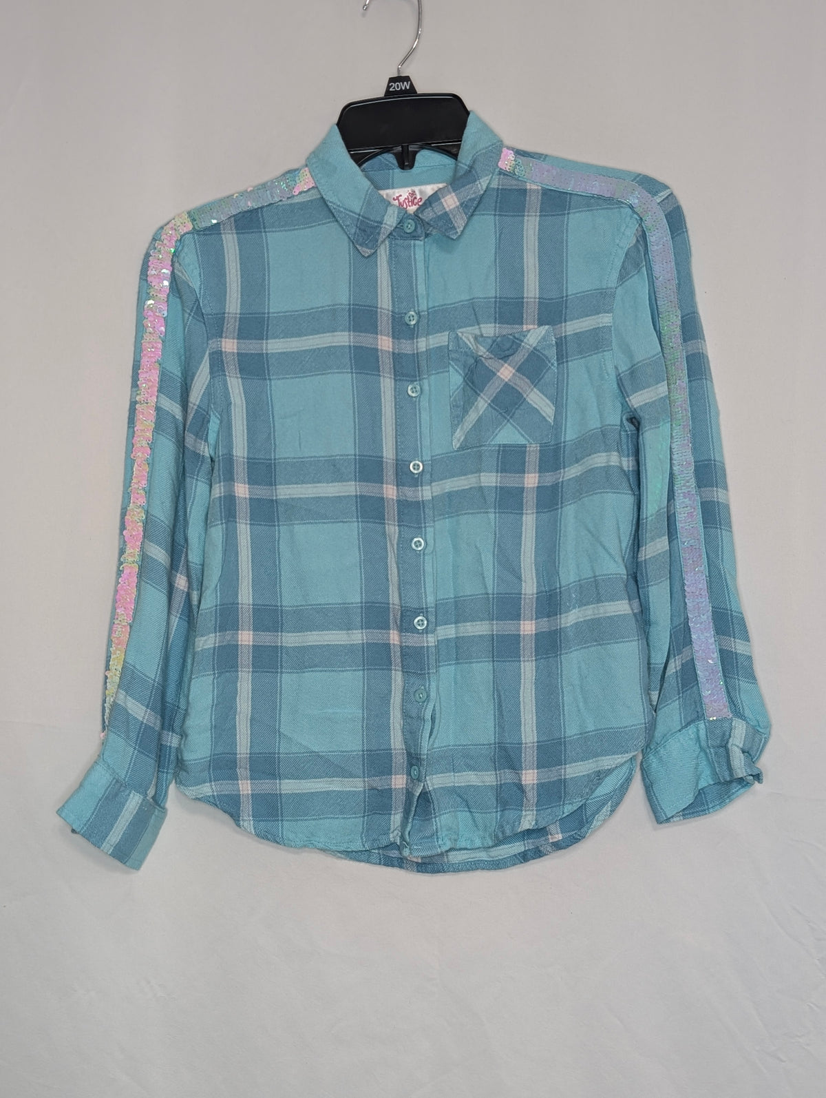 GUC Justice supersoft button down, aqua plaid - size Youth - 10 (L)