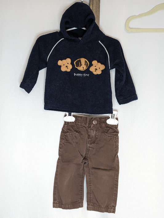 EUC 2pc, navy fuzzy hoodie w/ puppy time, - size Month - 6-9 / 9M