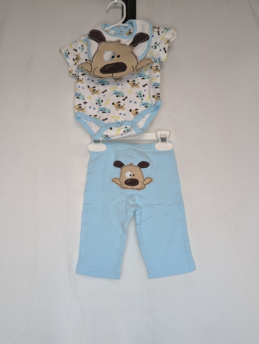 VGUC 3pc, light blue pants w/ puppy on butt, - size Month - 0-3 / 3M
