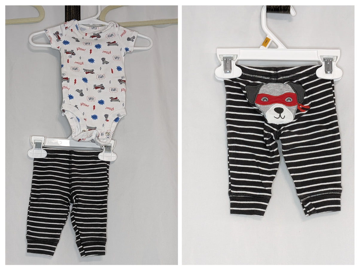 EUC Carter 2pc outfit, Superpups, s/s onesie & - size Month - Newborn