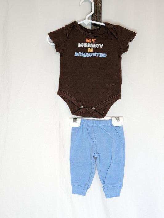 GUC 2pc, s/s brown onesi my mommy is exhausted - size Month - 0-3 / 3M