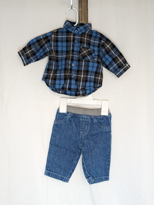 EUC 2pc, l/s CP blue/ black plaid button down - size Month - 0-3 / 3M