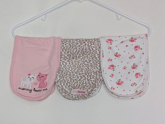 VGUC set of 3 burpcloths pink w/cats, white &pink