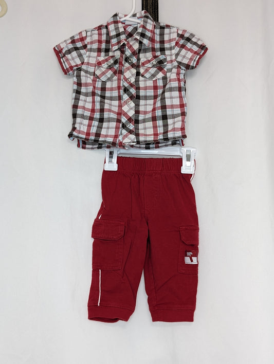 VGUC 2pc, red cargo pant and s/s button down, red - size Month - 3-6 / 6M