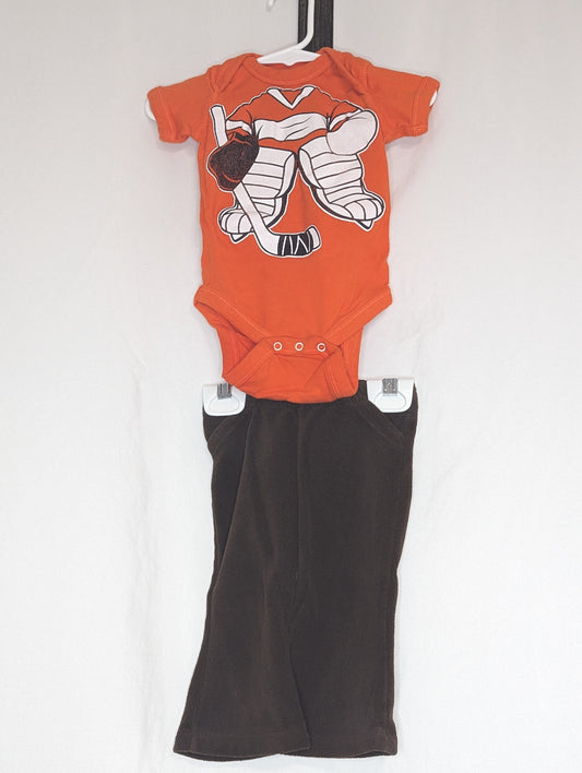 PLAY 2pc, brown fleece pants (EUC), orang/wht - size Month - 3-6 / 6M