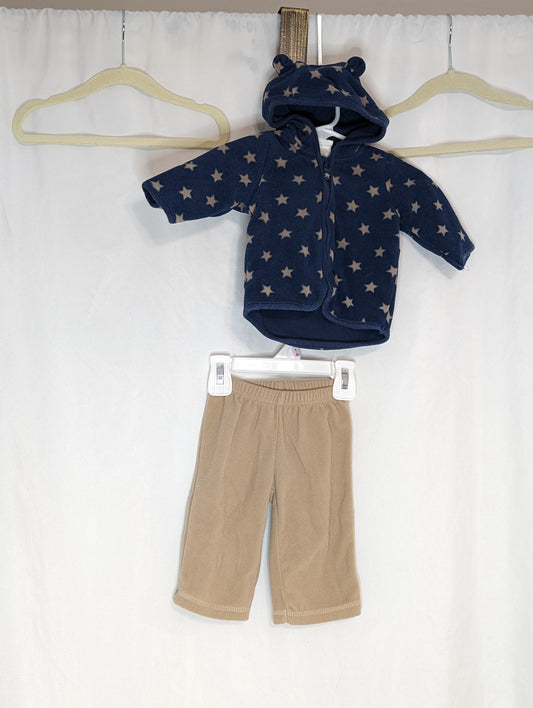 VGUC 2 pc fleece, tan pants & navy full zip - size Month - 0-3 / 3M