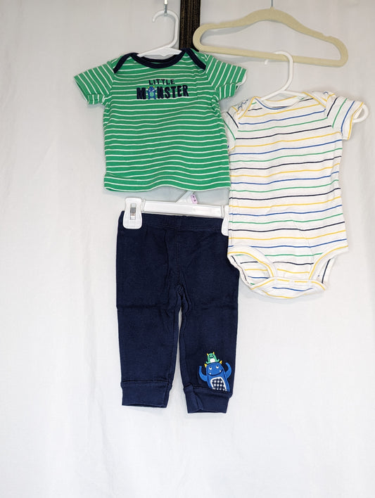 VGUC Carter 3pc, navy pants w/monsters, green - size Month - 3-6 / 6M