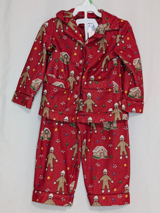 VGUC 2pc flannel PJ set, sock monkey gingerbreads - size Toddler - 2T