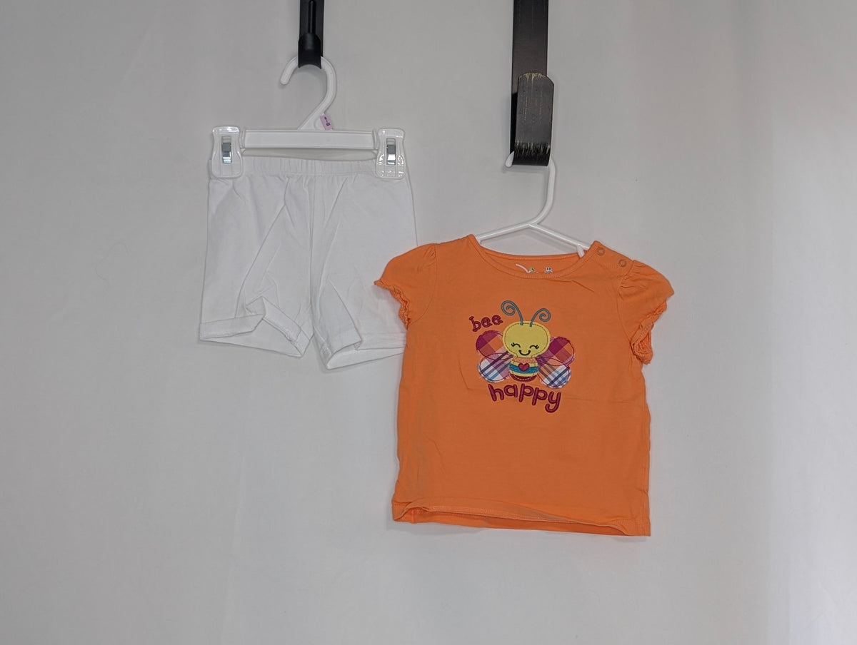 EUC 2pc, s/s orange tee bee happy, white cottn - size Month - 12-18 / 18M