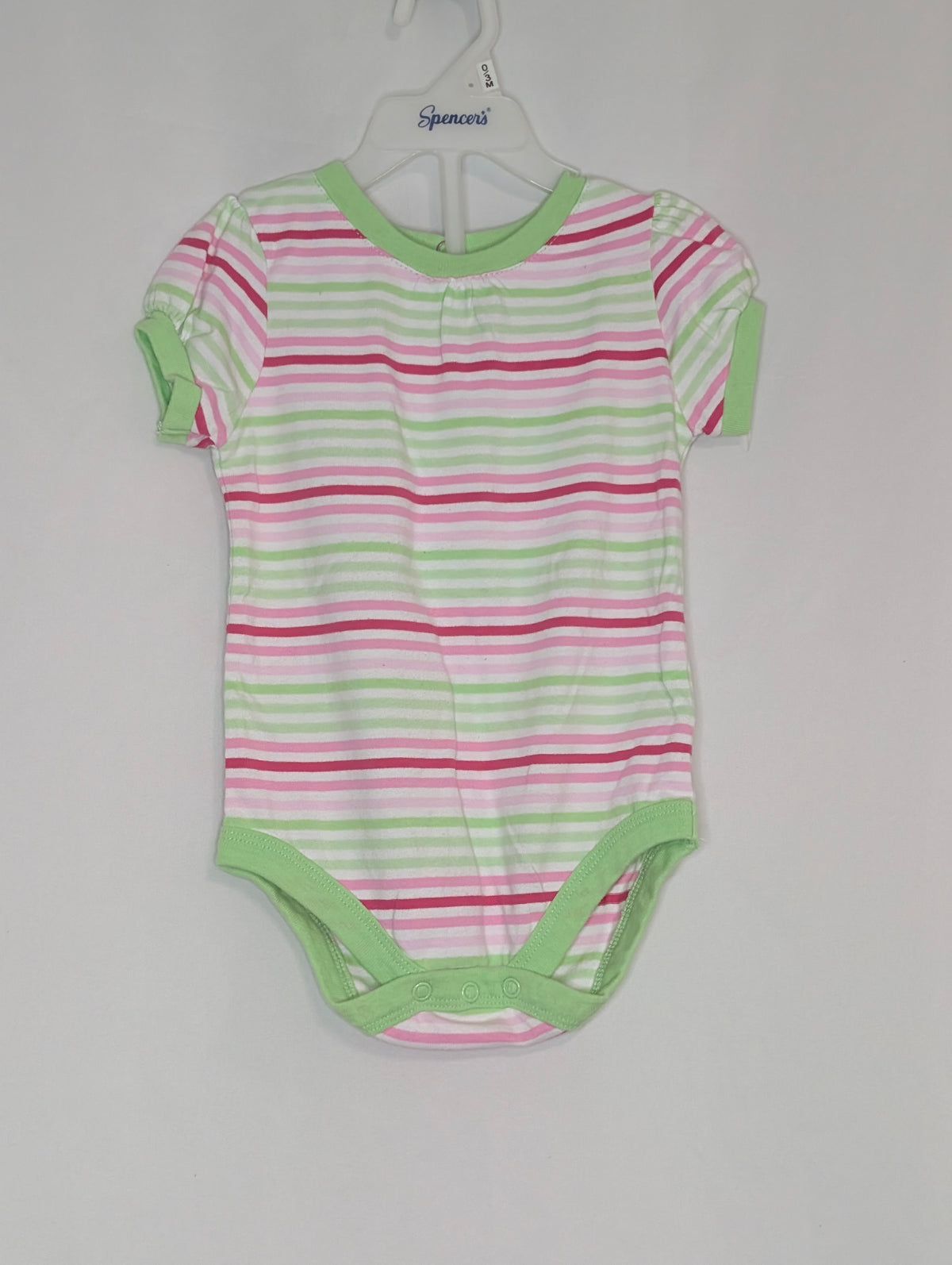 GUC s/s onesie, white w/ mint & pink stripes - size Month - 12-18 / 18M