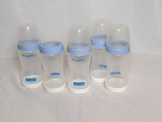 5 Breastflow bottles, 9 oz, rings & caps for all