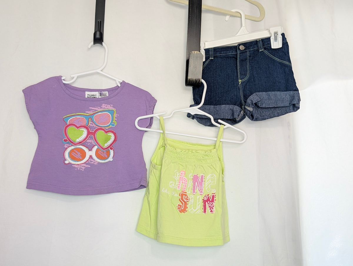 EUC 3pc, purple sunglass s/s tee, lime spaghetti - size Toddler - 3T