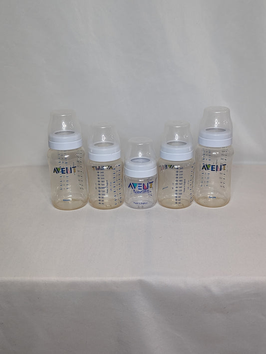 set of 5 Avent bottles w/rings and caps (no