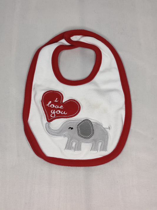 GUC infant bib, I love you, white/red w/ grey