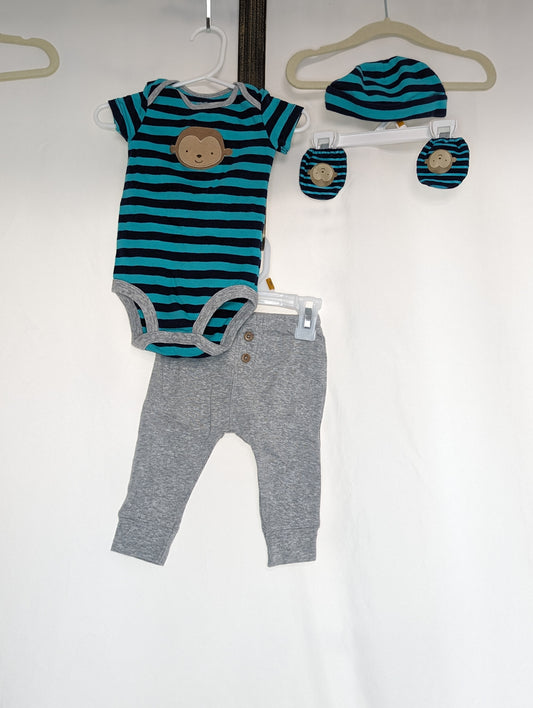 EUC Carter 5pc set, grey pants, teal/navy - size Month - 0-3 / 3M