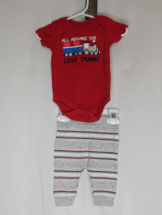EUC 2pc, s/s red train onesie, light grey/red - size Month - 0-3 / 3M