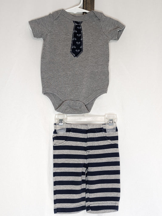 VGUC 2pc, grey onesie w/ navy bicycle print tie, - size Month - 0-3 / 3M