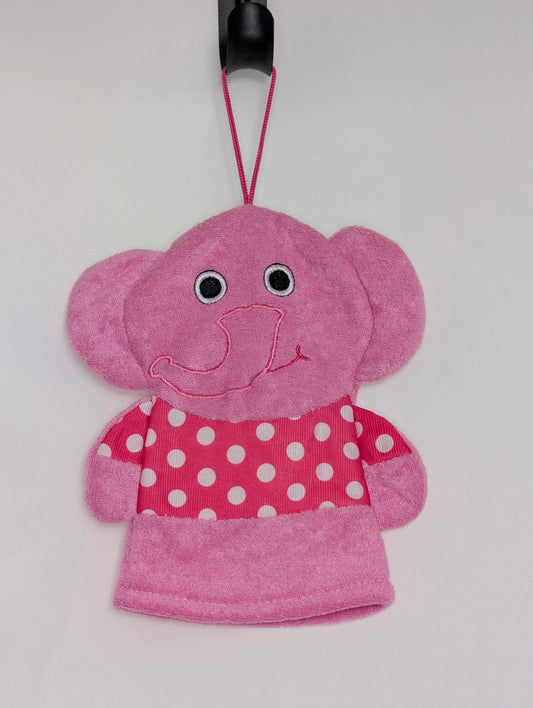 EUC terry bath mitt, pink elephant