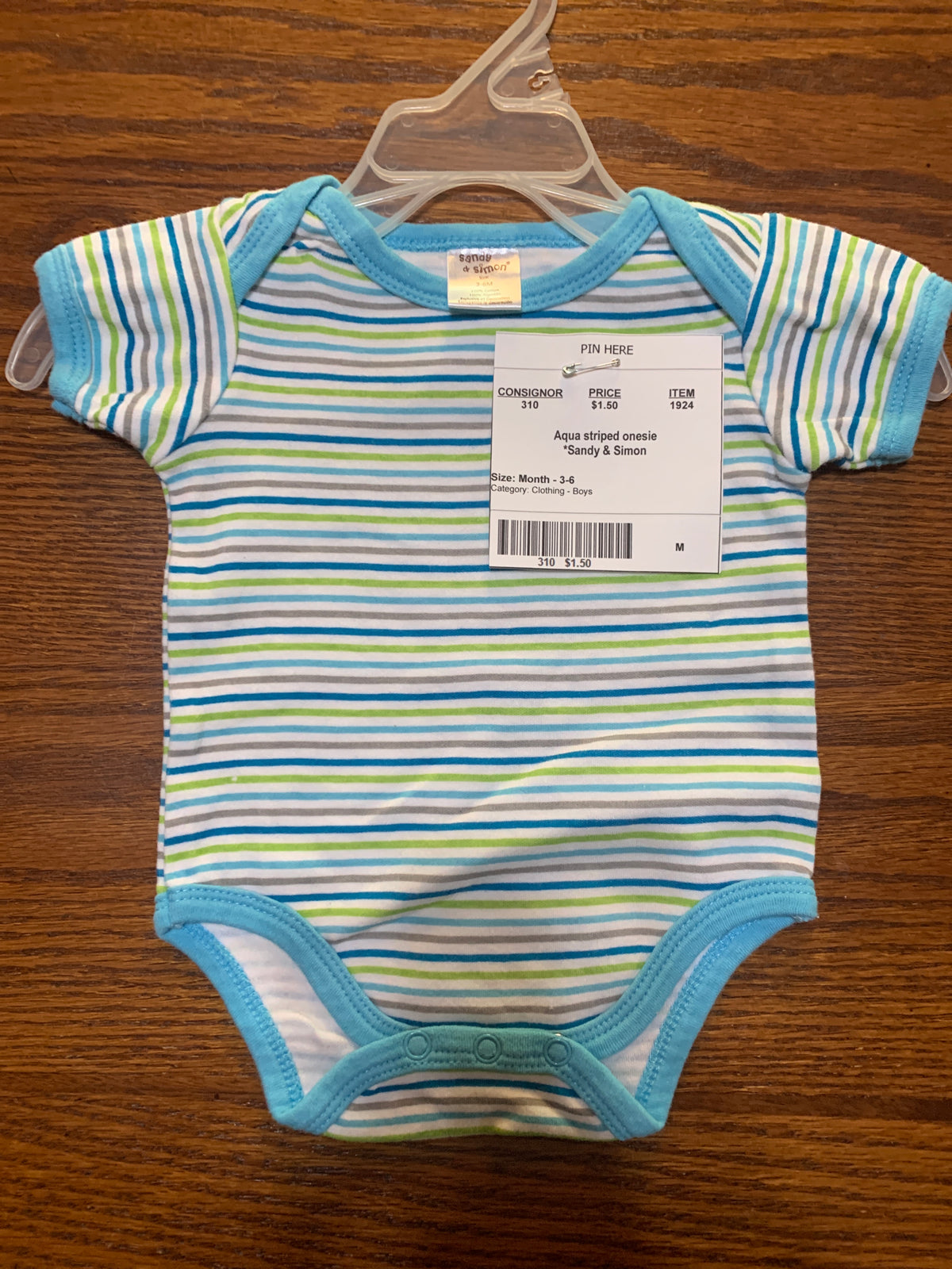 Aqua striped onesie *Sandy & Simon - size Month - 3-6 / 6M