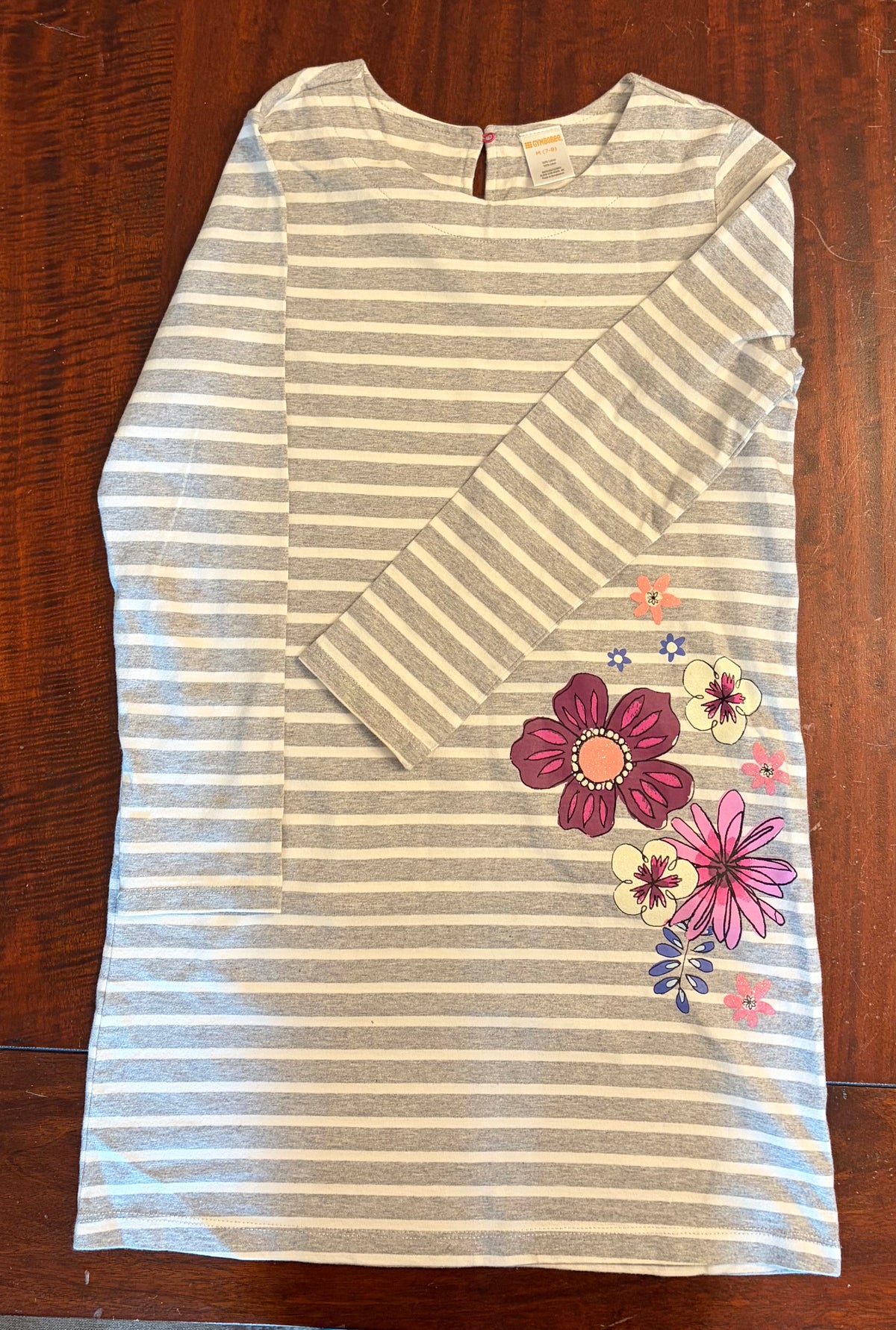 GYMBOREE GRAY WHITE STRP COTTON DRESS EUC LONG - size Youth - 7 (S)
