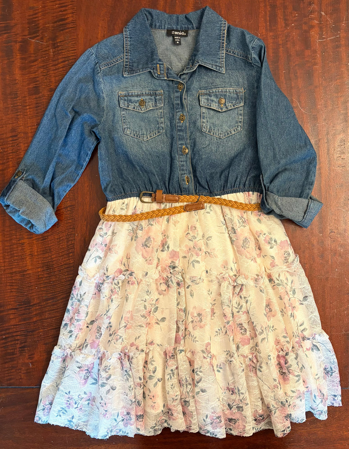 ZUNIE MIXED MEDIA DRESS JEAN/ FLOWY SKIRT EUC - size Youth - 8 (M)