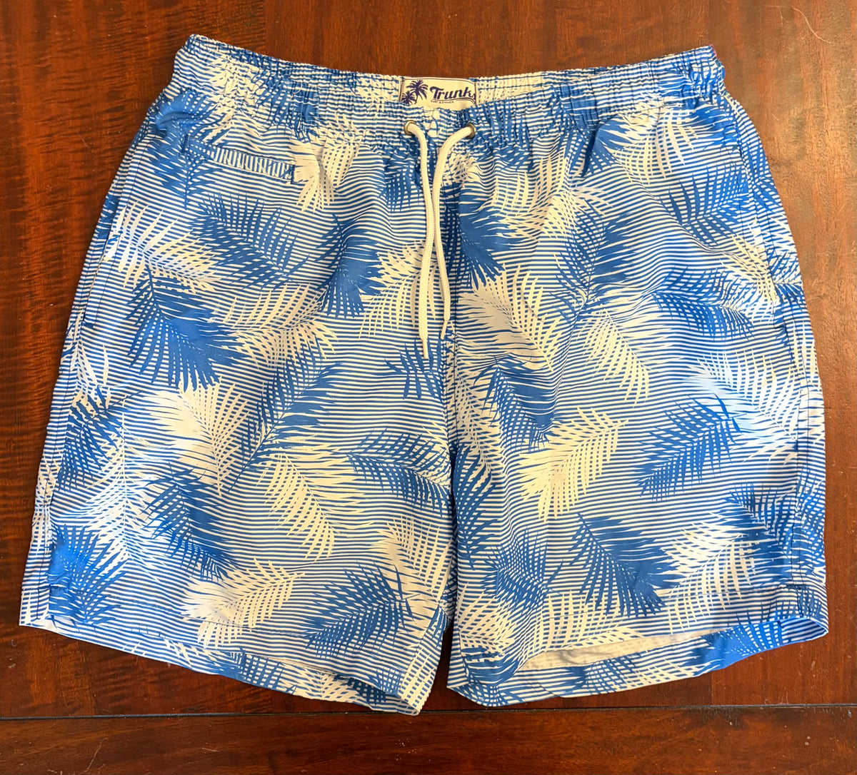 SWIM TRUNKS BLUE WHITE EUC MESH INSIDE DRAW STR - size Teen/Men - L (36-38)