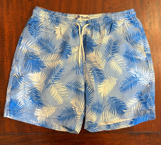 SWIM TRUNKS BLUE WHITE EUC MESH INSIDE DRAW STR - size Teen/Men - L (36-38)