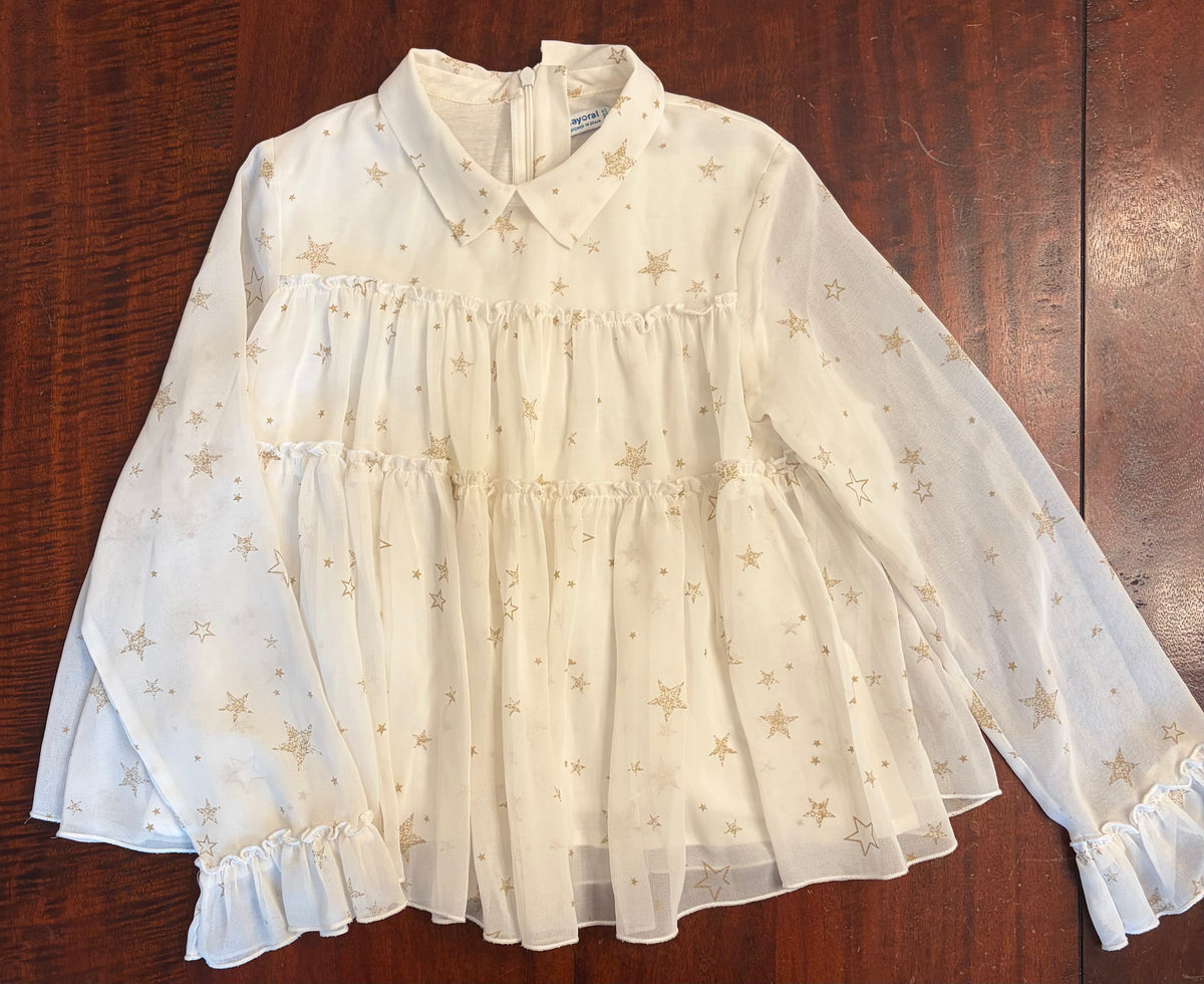 WHITE BLOUSE COTTON & SHIFFON STAR DRESSY - size Youth - 8 (M)