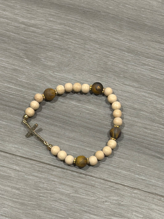 Cross bracelet Wooden tan beads