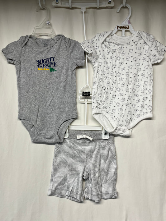 ***3pc grey stripe knit short & 2 onesies - size Month - 18-24 / 24M