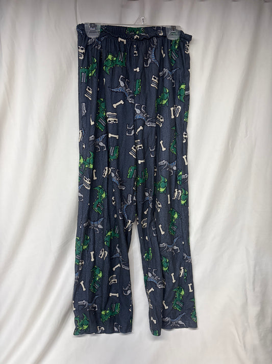Up Late grey fleece dino PJ pants - white & green - size Youth - 14 (XL)