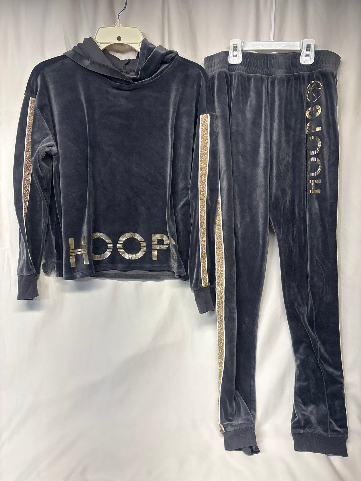 Justice Active grey sweatsuit velour HOOPS - size Youth - 18 (XXL)