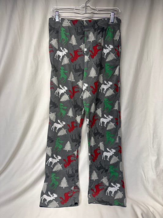 Grey fleece moose PJ pants - red white green - size Youth - 10 (L)