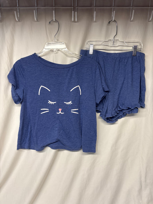 2pc blue short PJ set w/ kitty face - size Women - L (12/14)