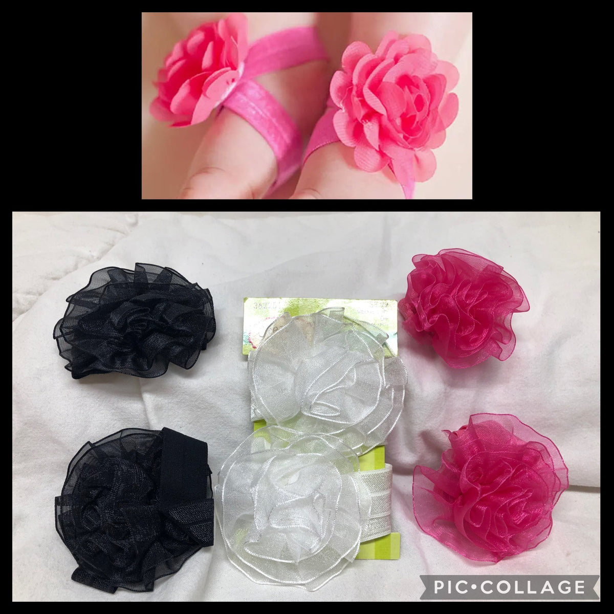 3 pair infant foot bows black/pink/white