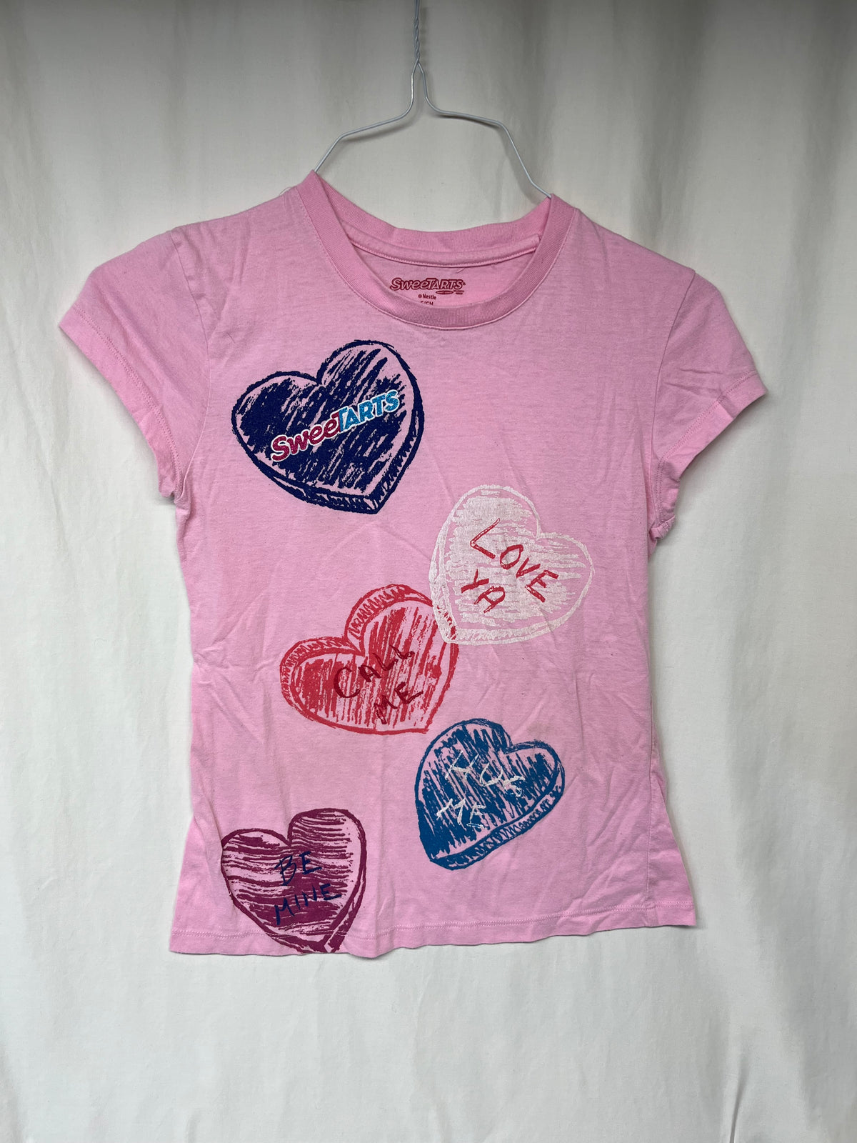 SweeTarts pink tee w/ conversation hearts - size Junior - S (3/5)