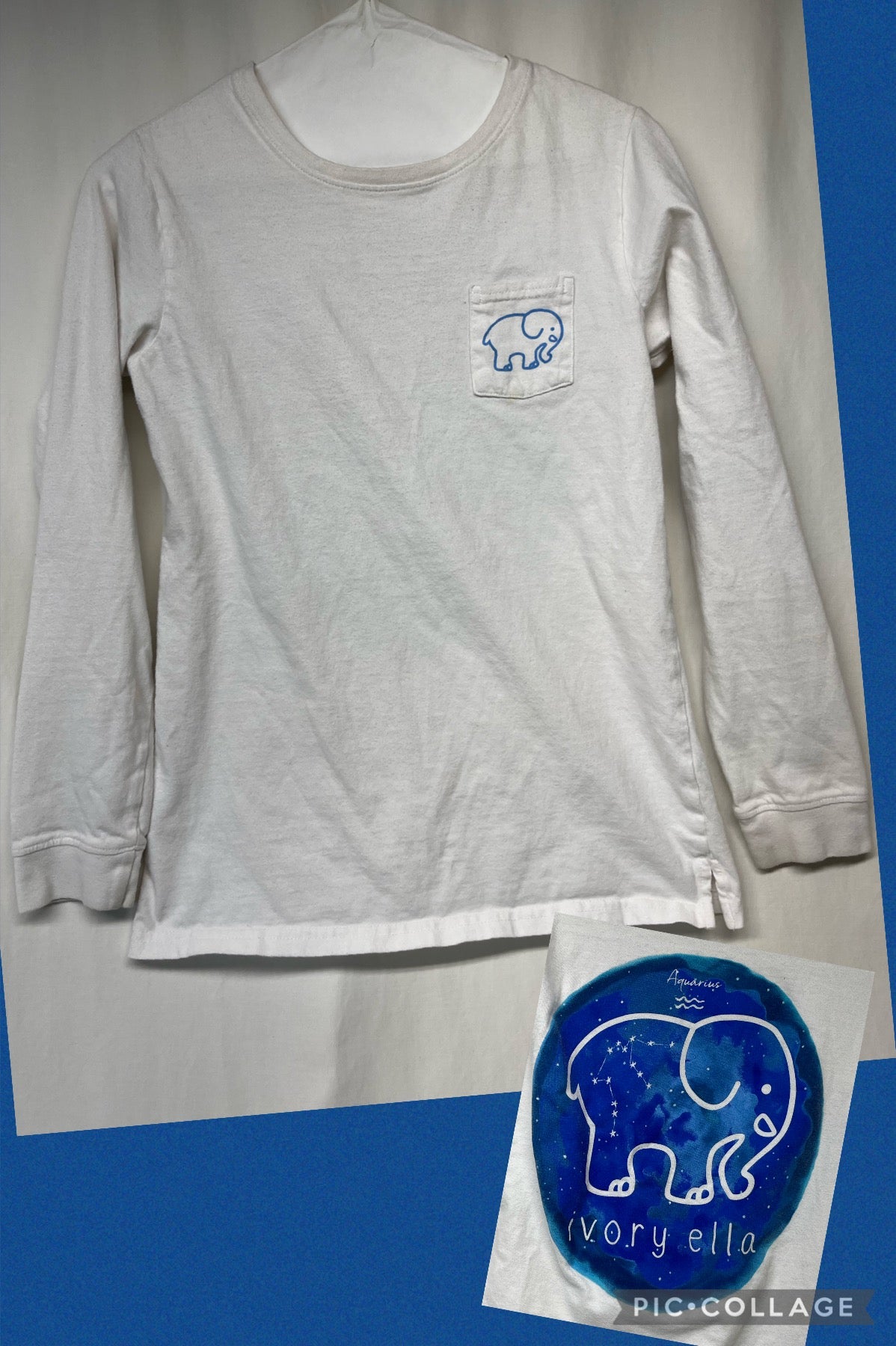 Ivory Ella white LS top w/ blue Aquarius logo - size Women - S (4/6)