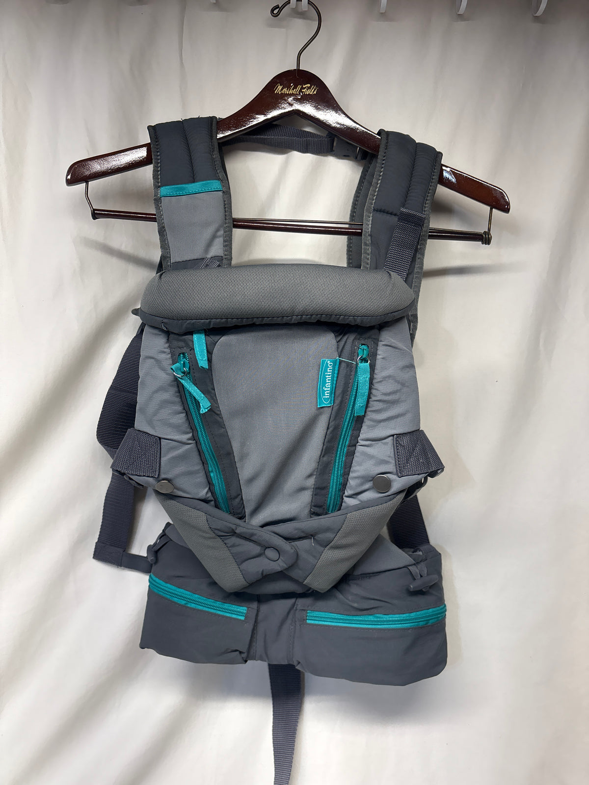 Infantino carrier - grey w/ turquoise zippers