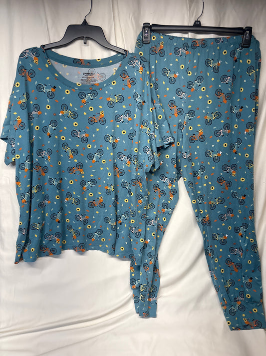 Joyspun 2pc teal PJs w/ bikes - s/s tee/pants - size Women - 3X (24/26W)